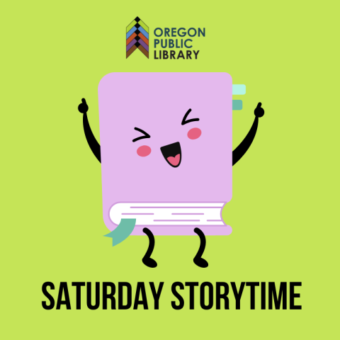 text: saturday storytime image: pink book with arms in air and big smile
