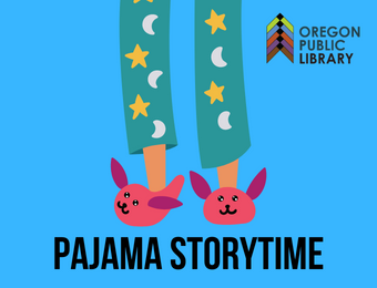 text: pajama storytime image: child wearing pink bunny slippers and teal pajama pants with stars and moons