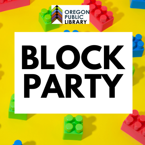 text block party on yellow background with lego bricks