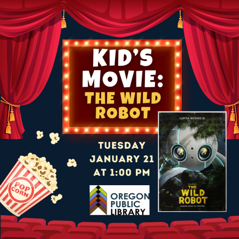 theater curtains, popcorn box, wild robot movie poster