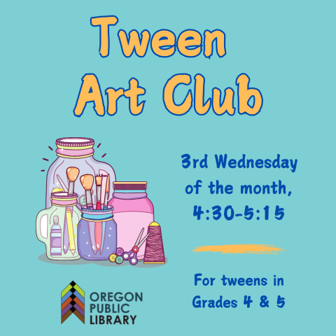 Image has a light blue background and "Tween Art Club" in yellow letters. Illustrated image of paint supplies like brushes and cups. 