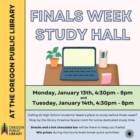 Image about Finals Week Study Hall. Image has yellow, green, blue and white blocks under text. Illustrated image of a desk with a computer.