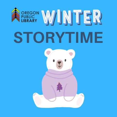 polar bear in purple sweater on blue background with text winter storytime