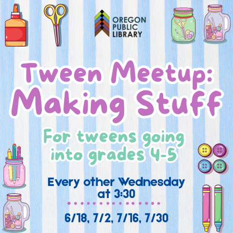 Blue and white vertical stripes as the background. Illustrated images along the border of craft supplies like pencils and scissors.