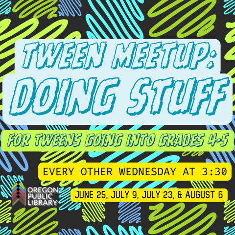 Background is black with green and blue squiggle lines. Text is blue, green, and yellow.