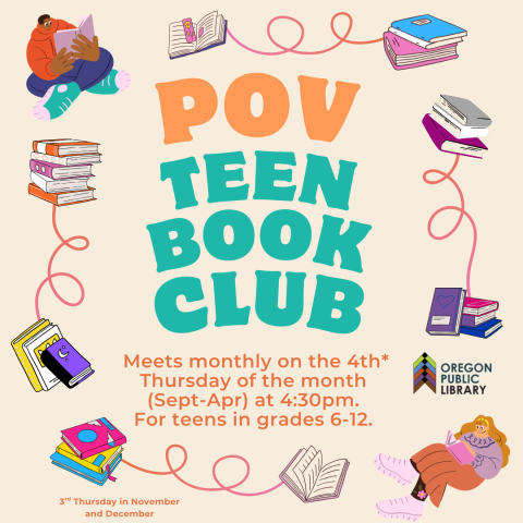 Cream background with illustrated images of colorful stacks of books and two cartoons versions of teenagers reading. 