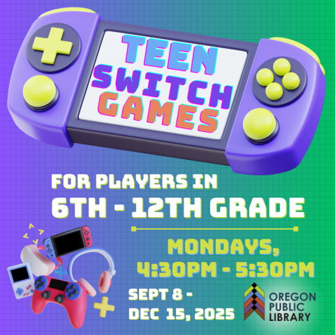 Purple and Green gradient background with cartoonish images of video game equipment. 