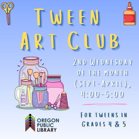 Blue gradient background with illustrated images of craft supplies like paint brushes and scissors.