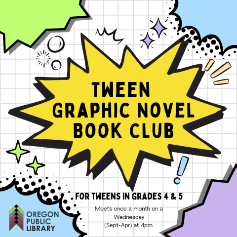 White background with blue, purple, and green shapes in the corners. In the middle is a yellow burst. 