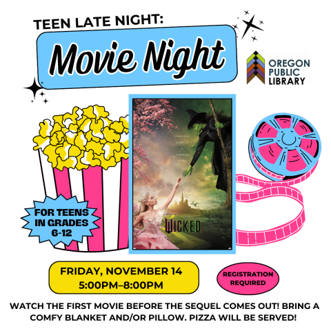 Movie night flyer with images of popcorn, film reel, and the movie poster to "Wicked".