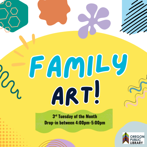 title family art and colorful shapes in background