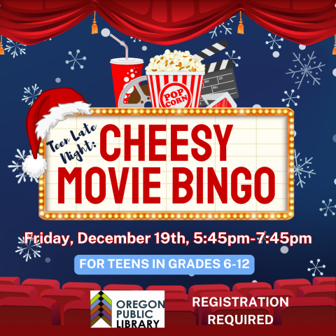 Illustrated image of a movie theater with a snowflake background. 