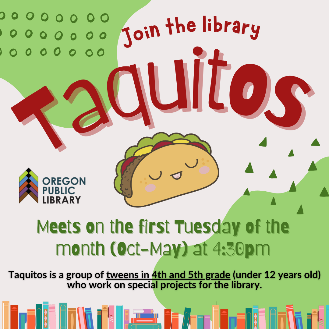 Image of an illustrated taco with a smiling face. Background has green accents. The bottom has a row of illustrated book spines.