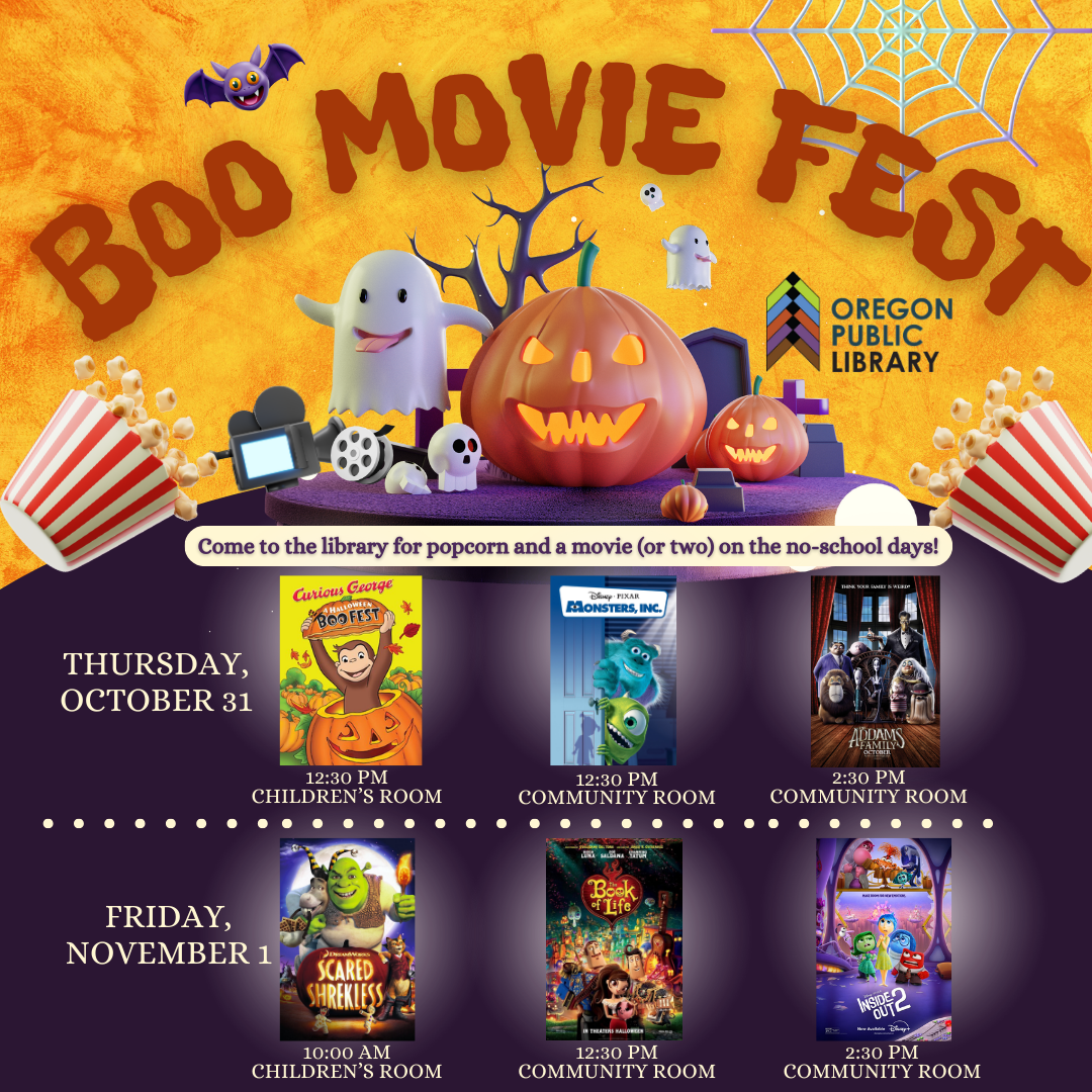 Yellow and purple background. Images of Halloween related things like pumpkins, ghosts, bats, and cobwebs, as well as two popcorn buckets. Image also contains the movie poster for six movies. 