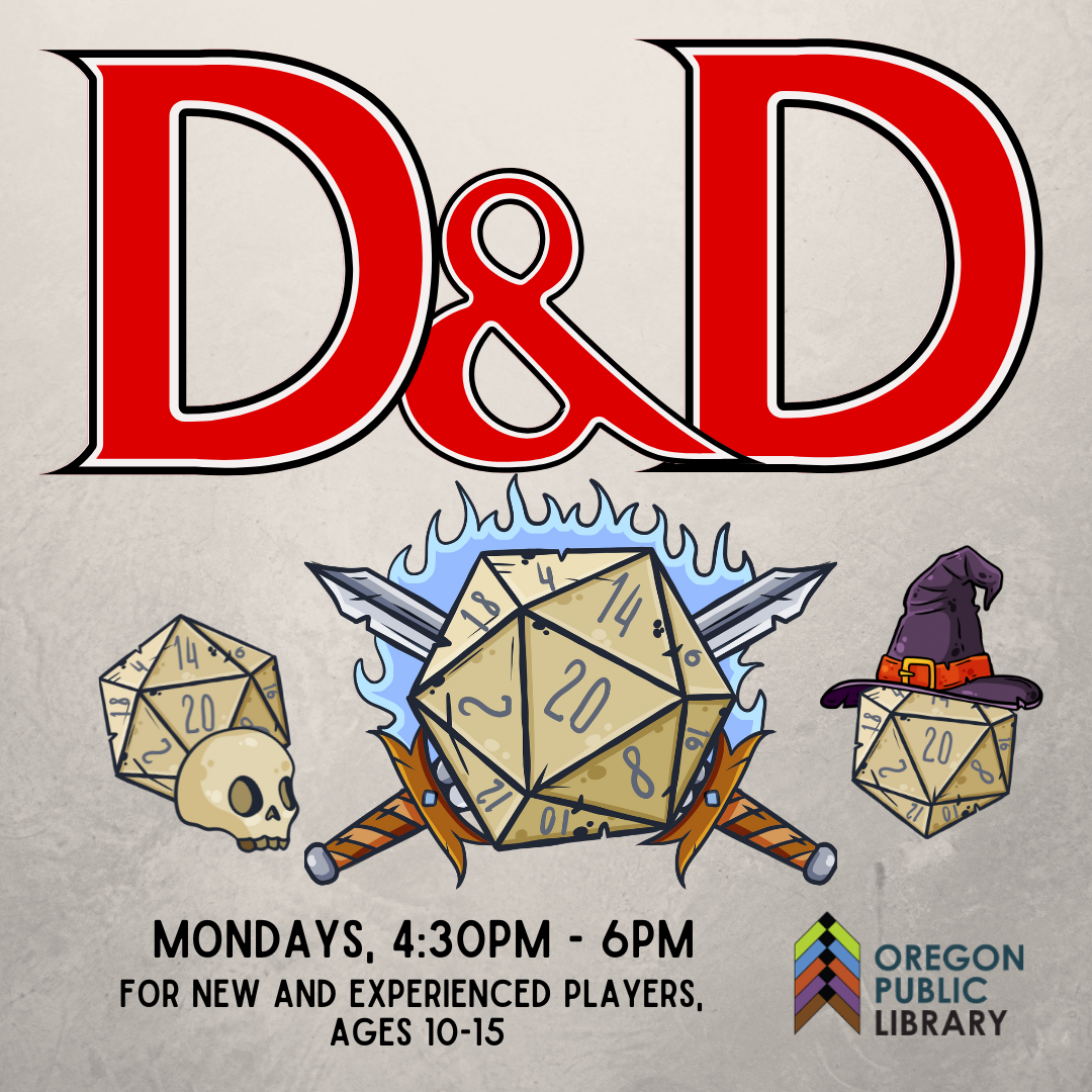 Image of three illustrated 20-sided dice and "D&D" in big, red letters.