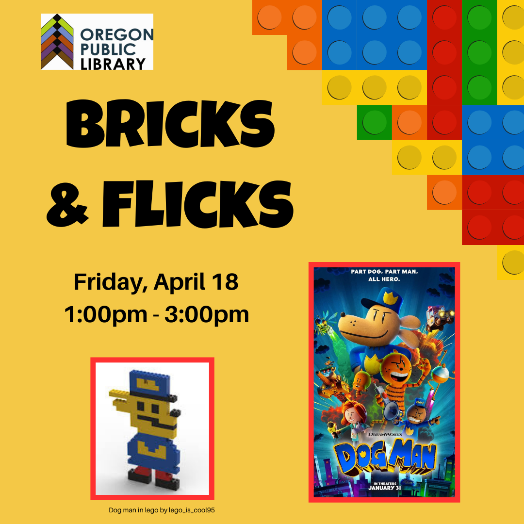 lego Dog Man and the movie poster on yellow background with corn filled with lego bricks