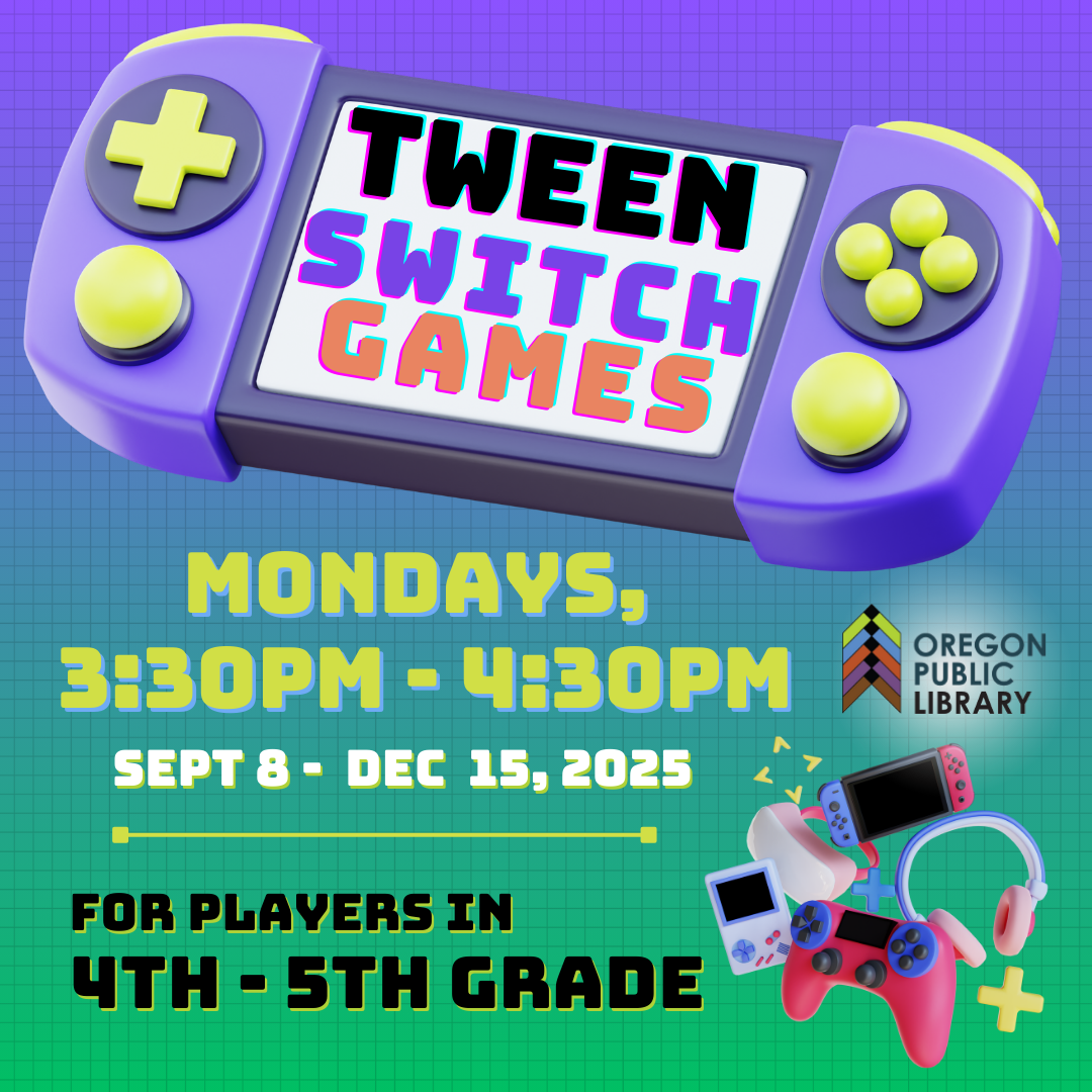 Purple and Green gradient background with cartoon images of Nintendo Switch video game equipment.