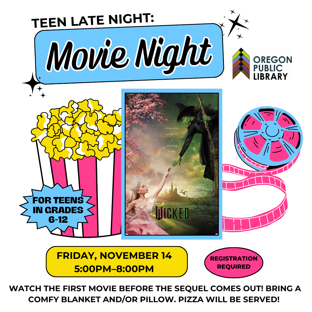 Movie night flyer with images of popcorn, film reel, and the movie poster to "Wicked".