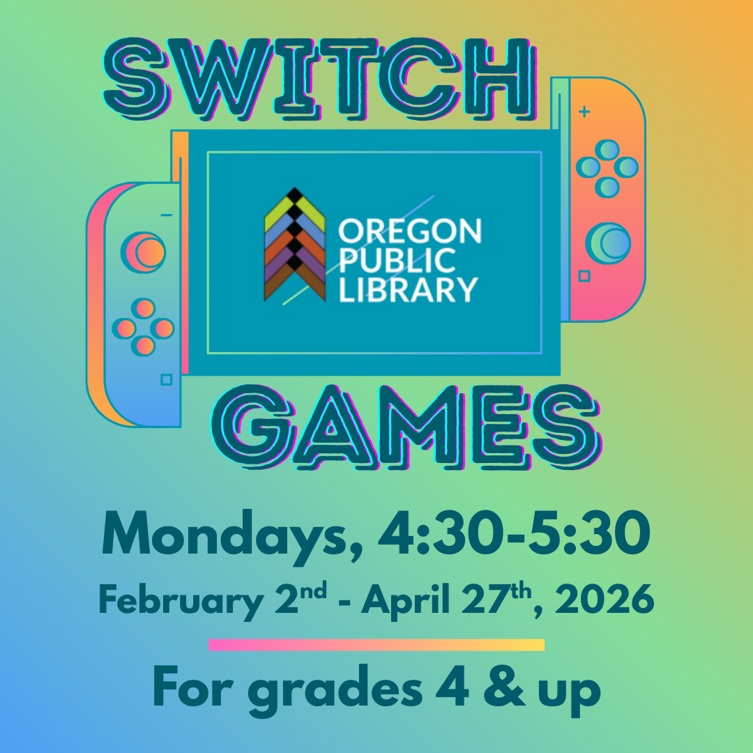 Blue, green, and orange gradient background with an illustrated Nintendo Switch.